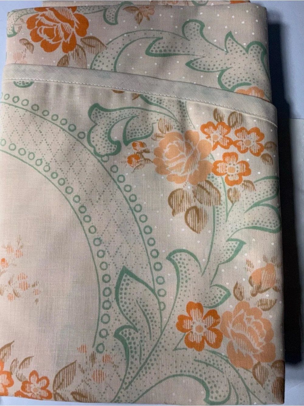Vintage 72” Floral Round Tablecloth in Peach and Green. NIP